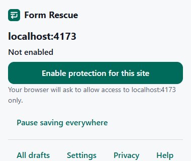 The Form Rescue popup on a synthetic support site, showing Not enabled and the button Enable protection for this site.
