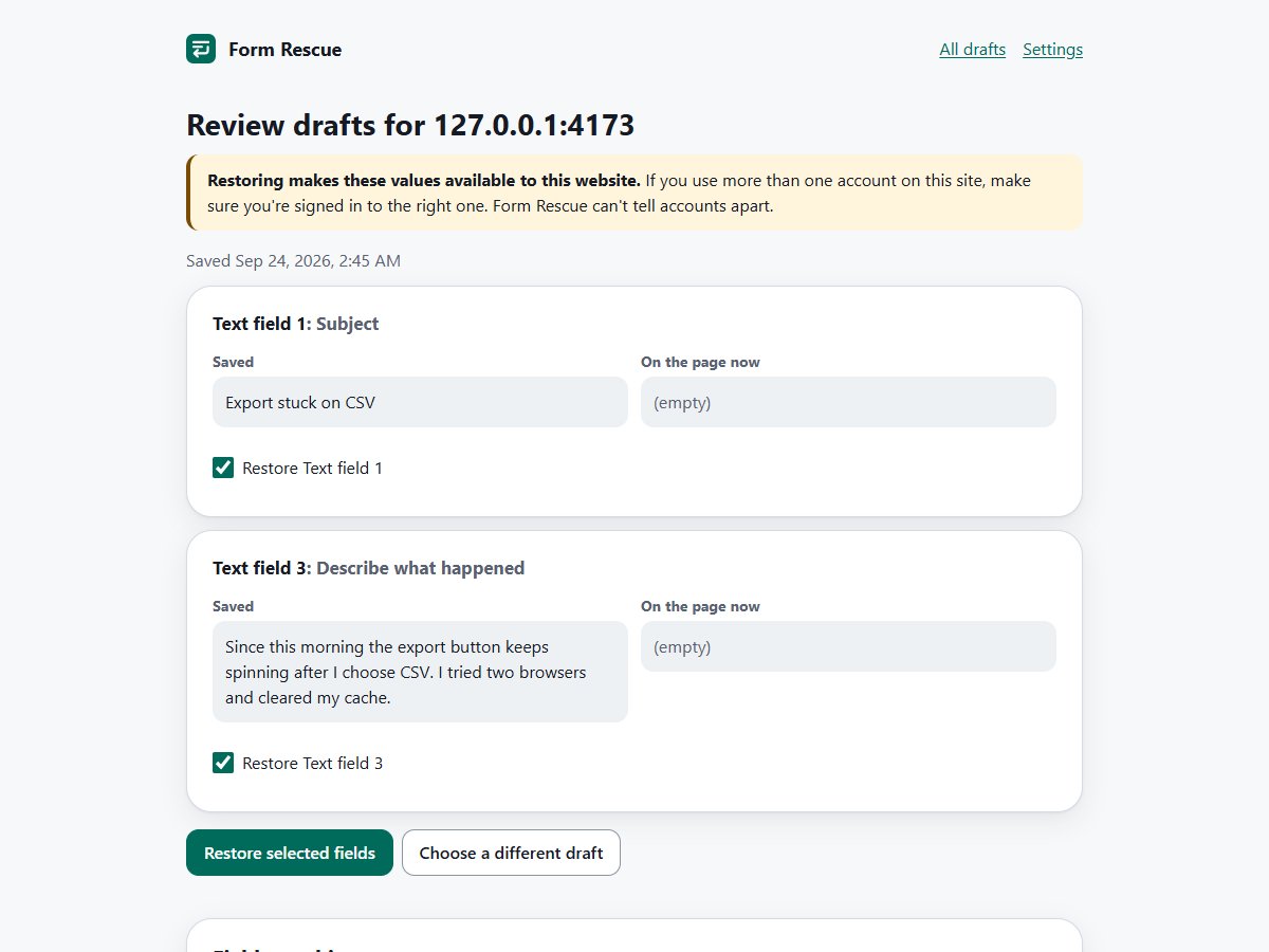 Form Rescue's Review drafts page for a synthetic support form, showing the saved text beside the empty field on the page, a checkbox to restore it, and the note that restoring makes these values available to the website.