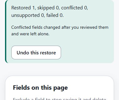 The review page reporting Restored 1, skipped 0, conflicted 0, with an Undo this restore button.